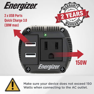 EN150 - Energizer 150 Watts Dual Power Inverter 12V to 110V, Modified Sine Wave Car Inverter, 110 Volts AC Outlet, Cigarette Lighter Adapter and 2 USB Ports