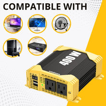 Load image into Gallery viewer, Krieger 400 Watt 12V DC to 110V AC Car Power Inverter, Modified Sine Wave, 2 Outlets, 2 USB Ports, Cigarette Lighter Plug & Clamps - ETL Certified to UL and CSA Standard.