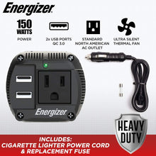 Load image into Gallery viewer, EN150 - Energizer 150 Watts Dual Power Inverter 12V to 110V, Modified Sine Wave Car Inverter, 110 Volts AC Outlet, Cigarette Lighter Adapter and 2 USB Ports
