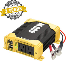 Load image into Gallery viewer, Krieger 400 Watt 12V DC to 110V AC Car Power Inverter, Modified Sine Wave, 2 Outlets, 2 USB Ports, Cigarette Lighter Plug & Clamps - ETL Certified to UL and CSA Standard.