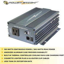 Load image into Gallery viewer, PowerBright Pure Sine Power Inverter 150 Watt image of anodized case durability built-in fan less than 3% distortion rate
