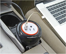 Load image into Gallery viewer, XC180 Cup Inverter, 180-watt 12V DC cigarette lighter to 120V AC to power laptop notebook &amp; more w/ 3 USB ports 2.1A shared compatible with iPad &amp; more
