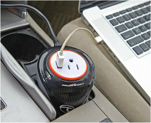 XC180 Cup Inverter, 180-watt 12V DC cigarette lighter to 120V AC to power laptop notebook & more w/ 3 USB ports 2.1A shared compatible with iPad & more