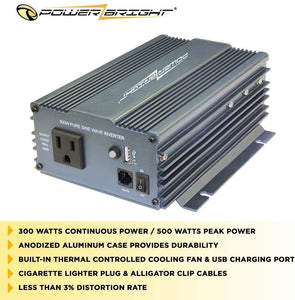 PowerBright Pure Sine Power Inverter 300 Watt image of anodized case durability built-in fan less than 3% distortion rate.
