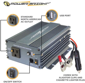 PowerBright Pure Sine Power Inverter 300 Watt True Sine Continuous 12 Volt DC to 115 Volt AC with USB Charging Port - Perfect for an Emergency, Hurricane, Storm Outage - Voltage Converters and transformers