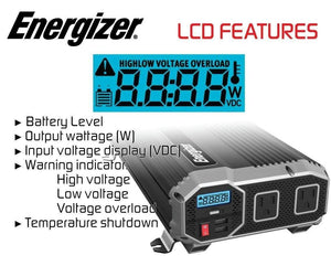 Energizer ENK1500 - 1500 Watt 12v DC to 110v AC Power Inverter Kit image of LCD features