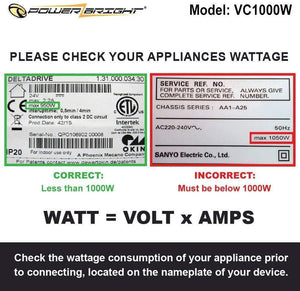 VC1000W PowerBright Step Up & Down Transformer label watt volt amps consumption