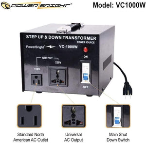 VC1000W PowerBright Step Up & Down Transformer - standard north american outlet universal ac coutput