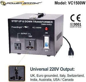 PowerBright Step Up & Down Transformer 220-240 Volt to 110-120 Volt AND from 110-120 Volt to 220-240(1500W)  image of universal output