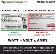 Load image into Gallery viewer, VC200W PowerBright Step Up &amp; Down Transformer image of wattage
